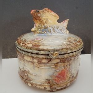Vintage Ceramic Powder/ Trinket Hinged Container- Handpainted Sculpted Fish Top